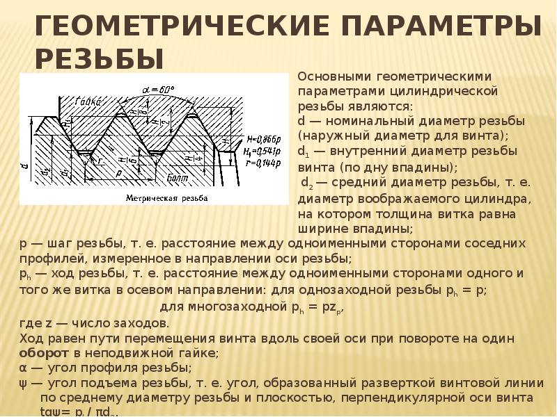 Основные параметры резьбы. 3.Геометрические параметры метрической резьбы. Резьбовые соединения геометрические параметры резьбы. Параметры резьбового соединения. Основные геометрические параметры резьбы.