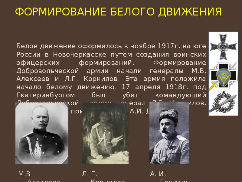 Формирование белого движения   Белое движение оформилось в ноябре 1917г.