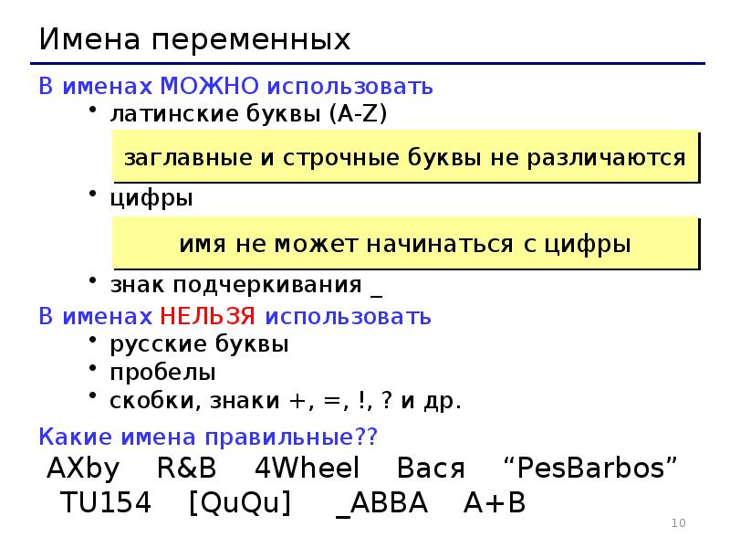 Имена переменных. Основные конструкции языка Паскаль.