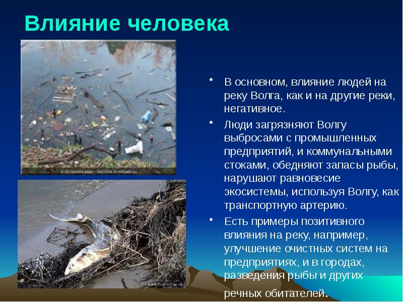 Влияние человека
В основном, влияние людей на реку Волга, как и Влияние человека
В основном, влияние людей на реку Волга, как и
