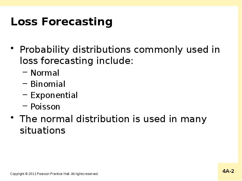 Loss Forecasting
Probability distributions commonly used in loss forecasting include:
Normal
Loss Forecasting
Probability distributions commonly used in loss forecasting include:
Normal