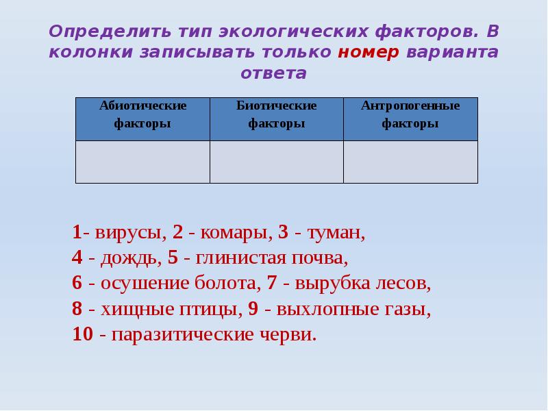 Фактор пять. Определить Тип экологических факторов. Экологические факторы задания. Задание определить экологический фактор. Экологические факторы 5 класс задания.