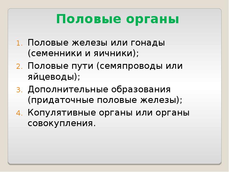 Половые органы Половые железы или гонады (семенники и яичники); Половые пути