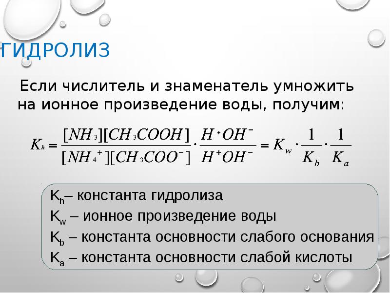 Гидролиз Если числитель и знаменатель умножить на ионное произведение воды, получим: