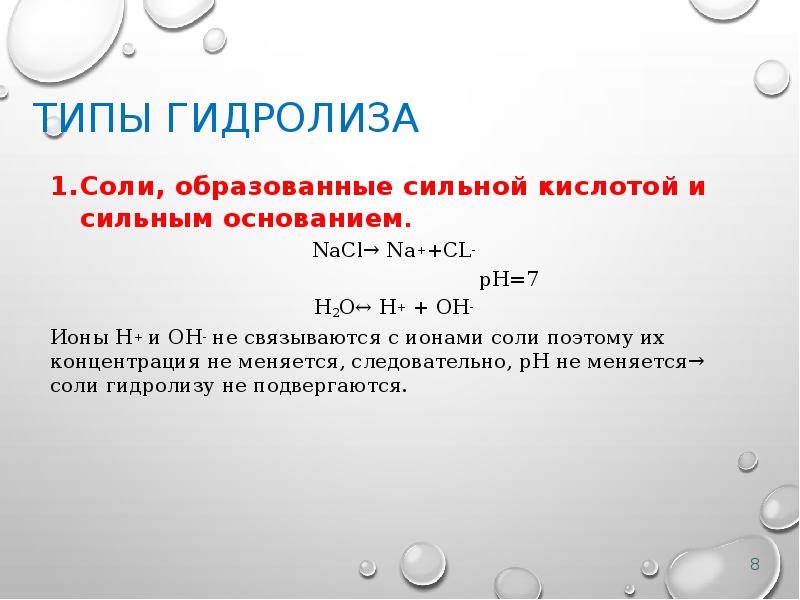Типы гидролиза Соли, образованные сильной кислотой и сильным основанием. NаCl→ Na++CL-