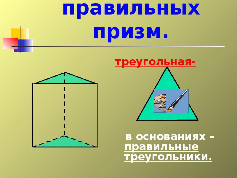Примеры правильных призм.
треугольная- Примеры правильных призм.
треугольная-