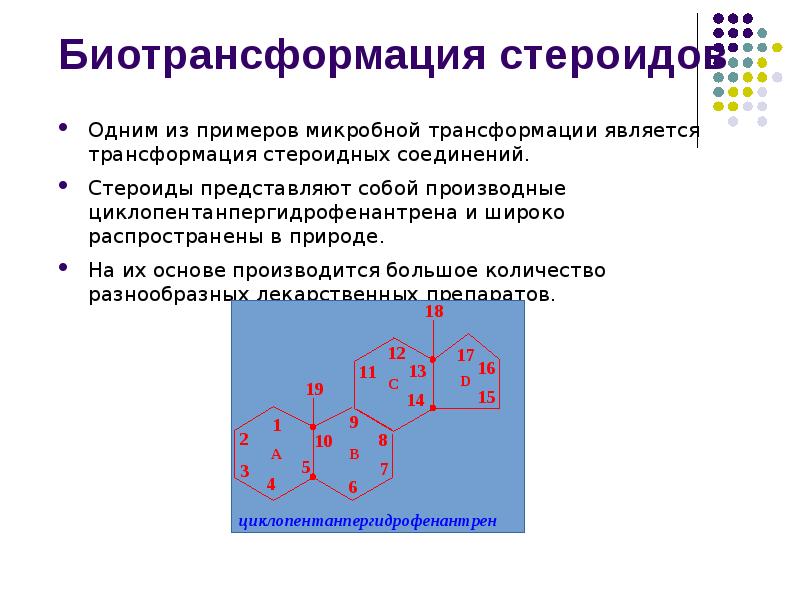 Биотрансформация стероидов
Одним из примеров микробной трансформации является трансформация стероидных соединений.
Биотрансформация стероидов
Одним из примеров микробной трансформации является трансформация стероидных соединений.