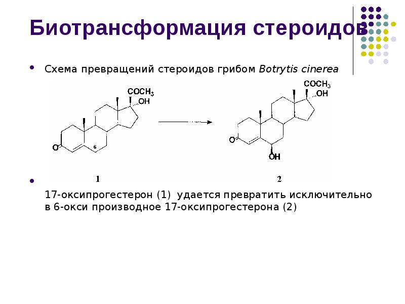Биотрансформация стероидов
Схема превращений стероидов грибом Botrytis cinerea
17-оксипрогестерон Биотрансформация стероидов
Схема превращений стероидов грибом Botrytis cinerea
17-оксипрогестерон