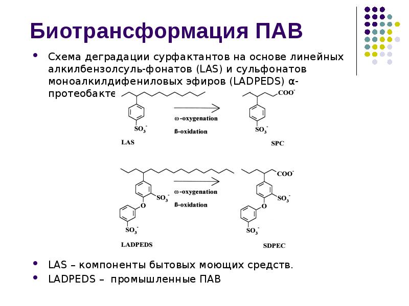 Биотрансформация ПАВ
Схема деградации сурфактантов на основе линейных алкилбензолсуль-фонатов (LAS) и Биотрансформация ПАВ
Схема деградации сурфактантов на основе линейных алкилбензолсуль-фонатов (LAS) и