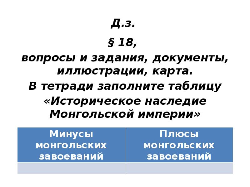 Д.з.  § 18,  вопросы и задания, документы, иллюстрации, карта.
