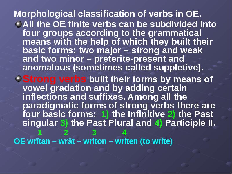 Morphological classification of verbs in OE.  Morphological classification of verbs