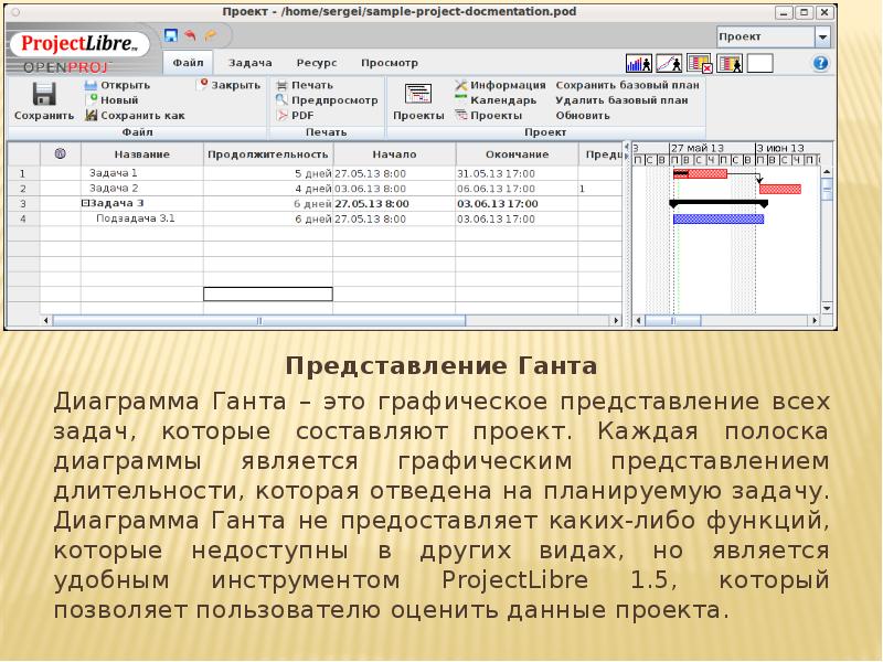 Какие представления при планировании проекта в projectlibre существуют круговая диаграмма