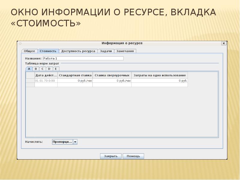 Окно информации о ресурсе, вкладка «Стоимость» Окно информации о ресурсе, вкладка «Стоимость»