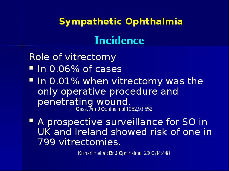 Sympathetic Ophthalmia Role of vitrectomy In 0.06% of cases In 0.01%