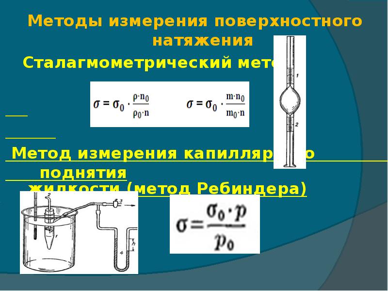 Методом поверхностного натяжения. Метод капиллярного поднятия жидкости. Метод максимального давления пузырька метод Ребиндера. Поверхностное натяжение по методу Ребиндера. Методы измерения поверхностного натяжения.