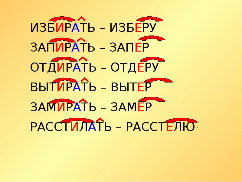 Запирать или запереть. Запирать запереть. Расстилать чередование. Вытирать корень с чередованием. Избирать изберу запирать запер.