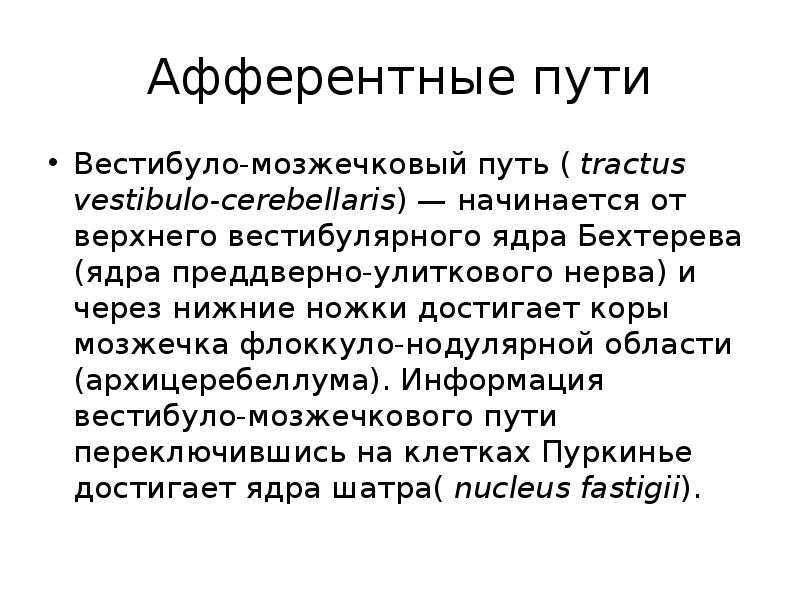 Афферентные пути
Вестибуло-мозжечковый путь ( tractus vestibulo-cerebellaris) — начинается от верхнего вестибулярного ядра Афферентные пути
Вестибуло-мозжечковый путь ( tractus vestibulo-cerebellaris) — начинается от верхнего вестибулярного ядра