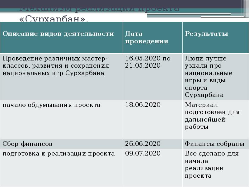 Механизм реализации проекта