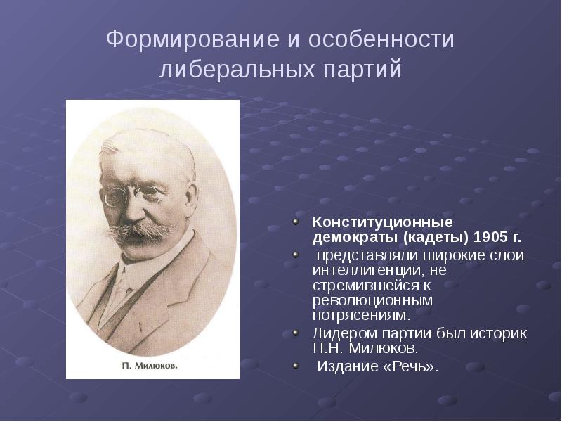Формирование и особенности либеральных партий Конституционные демократы (кадеты) 1905 г. 