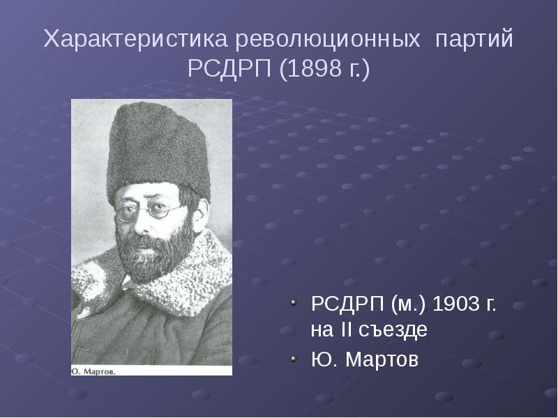 Характеристика революционных партий РСДРП (1898 г.) РСДРП (м.) 1903 г. на