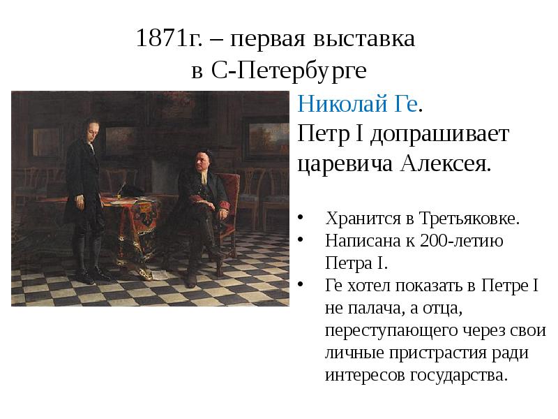 Описание картины петр 1 допрашивает царевича алексея петровича в петергофе обществознание 6 класс