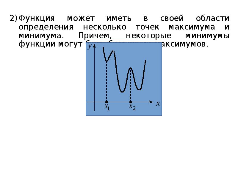 Некоторые функции могут быть. Определение минимума функции. Несколько точек максимума. Функция может иметь в данной точке. Теорема ферма о производной в точке экстремума.