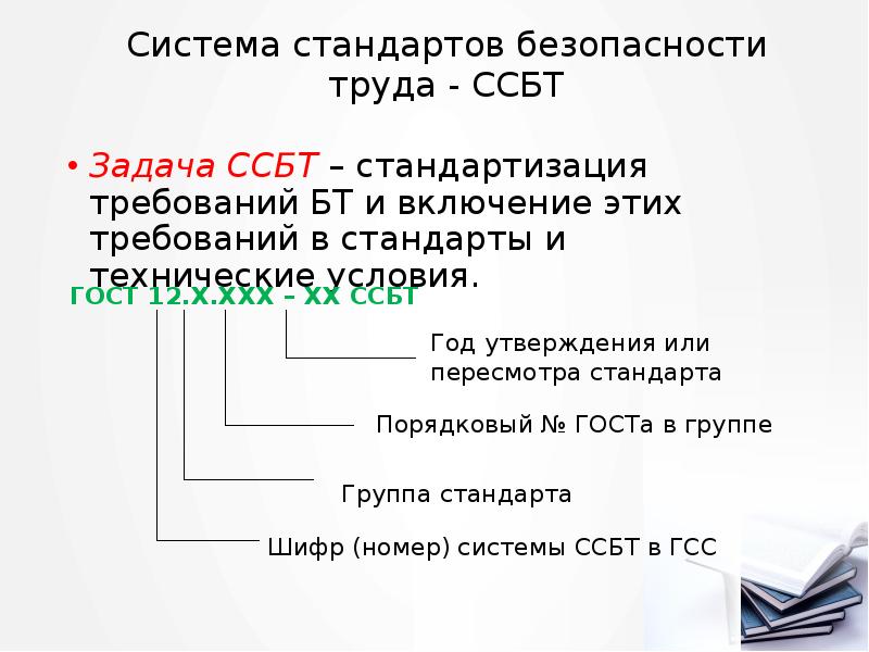 Система стандартов безопасности труда - ССБТ
Задача ССБТ – стандартизация требований Система стандартов безопасности труда - ССБТ
Задача ССБТ – стандартизация требований