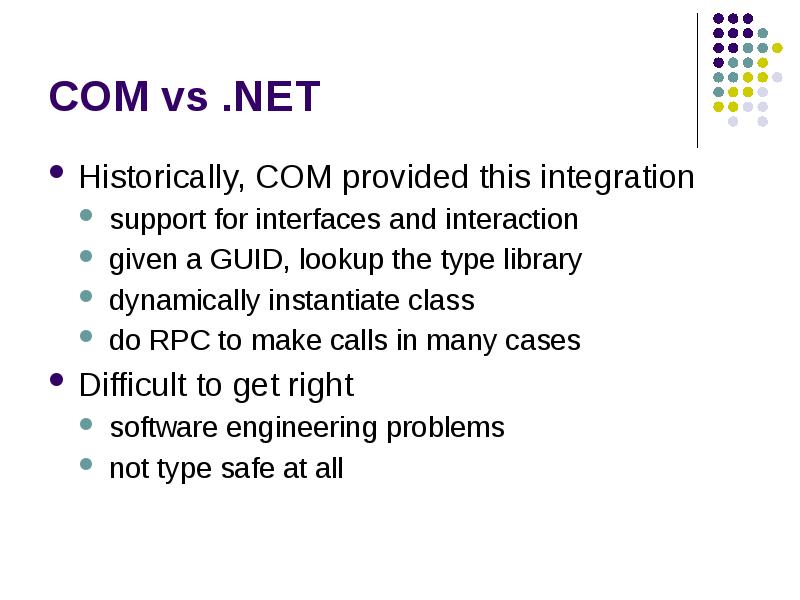 COM vs .NET
Historically, COM provided this integration
support for interfaces COM vs .NET
Historically, COM provided this integration
support for interfaces