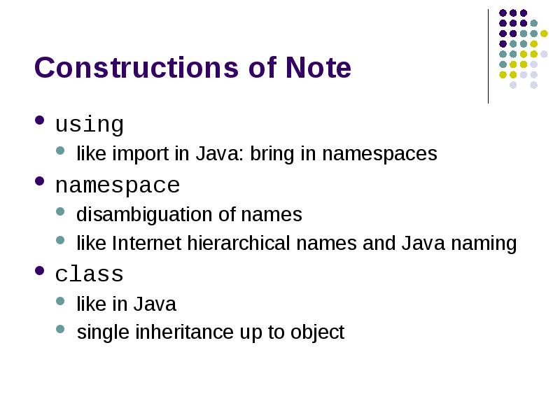 Constructions of Note
using
like import in Java: bring in namespaces
Constructions of Note
using
like import in Java: bring in namespaces