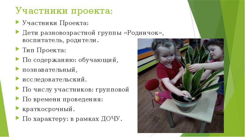Участники проекта:
Участники Проекта:
Дети разновозрастной группы «Родничок», воспитатель, родители.
Тип Участники проекта:
Участники Проекта:
Дети разновозрастной группы «Родничок», воспитатель, родители.
Тип