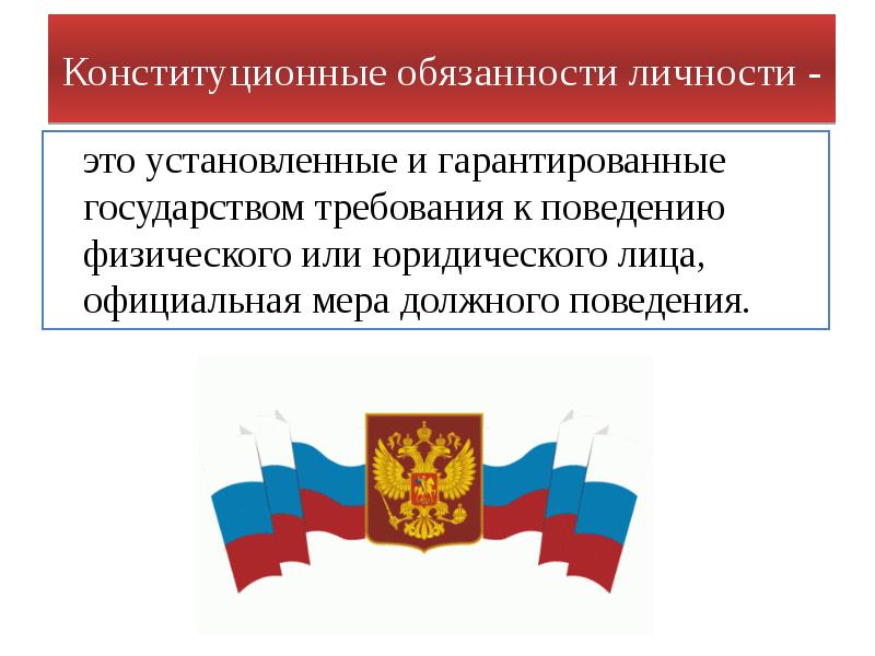 Конституционные обязанности личности - 	это установленные и гарантированные государством требования к