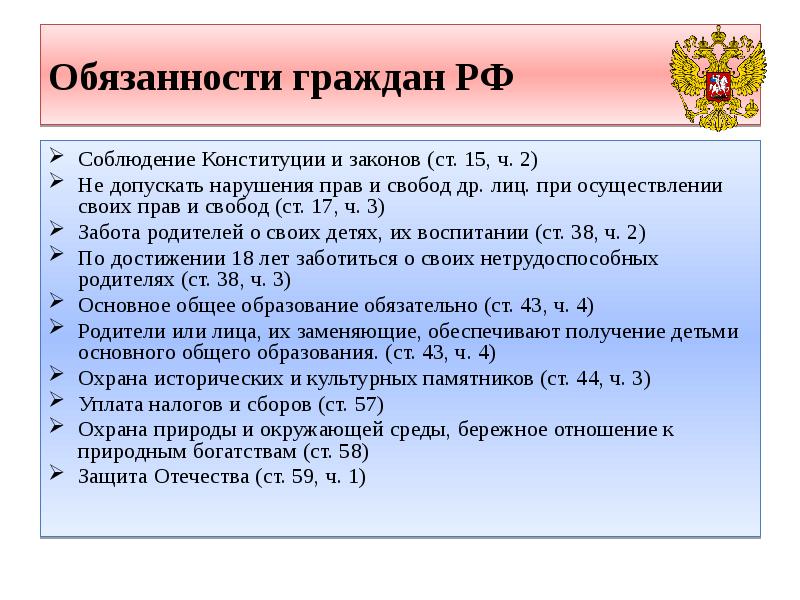 Обязанности граждан РФ Соблюдение Конституции и законов (ст. 15, ч. 2)