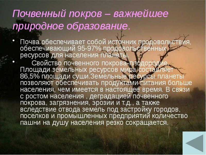 Почвенный покров – важнейшее природное образование. Почва обеспечивает собой источник продовольствия,