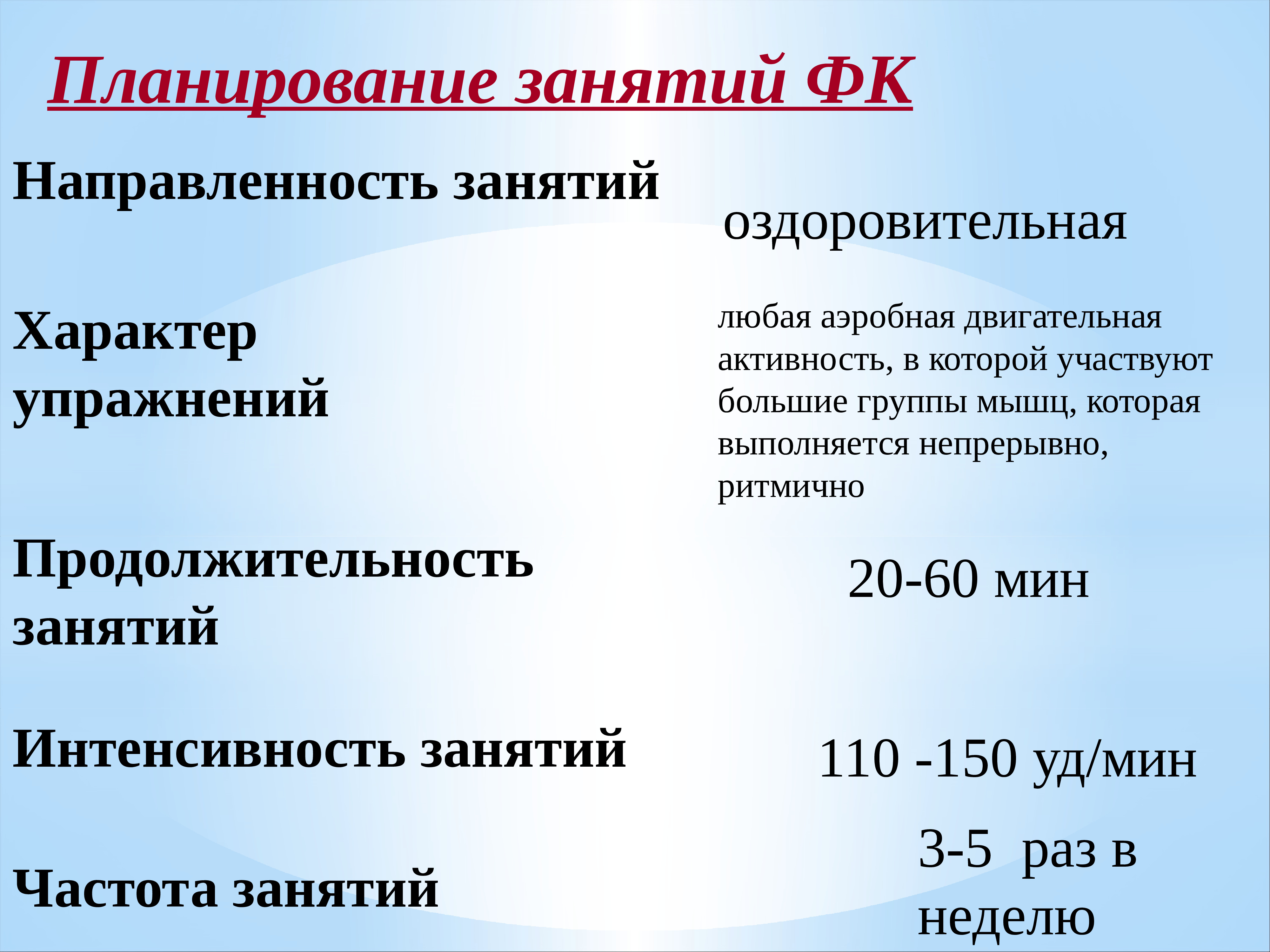 Направленность занятия. Частота занятий. Продолжительность и интенсивность занятий. Продолжительность упражнений.
