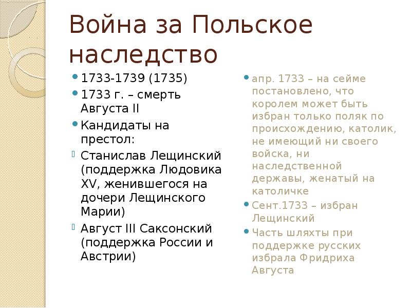 Причины польского наследства. Ход русско польской войны 1733-1735 кратко.