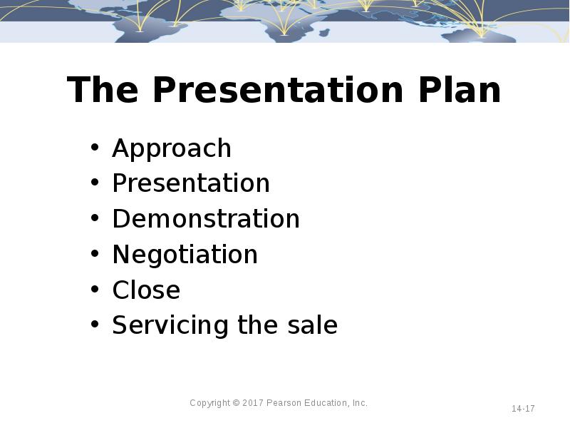 The Presentation Plan Approach Presentation Demonstration Negotiation Close Servicing the sale