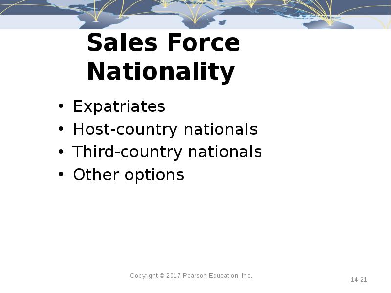 Sales Force Nationality Expatriates Host-country nationals Third-country nationals Other options