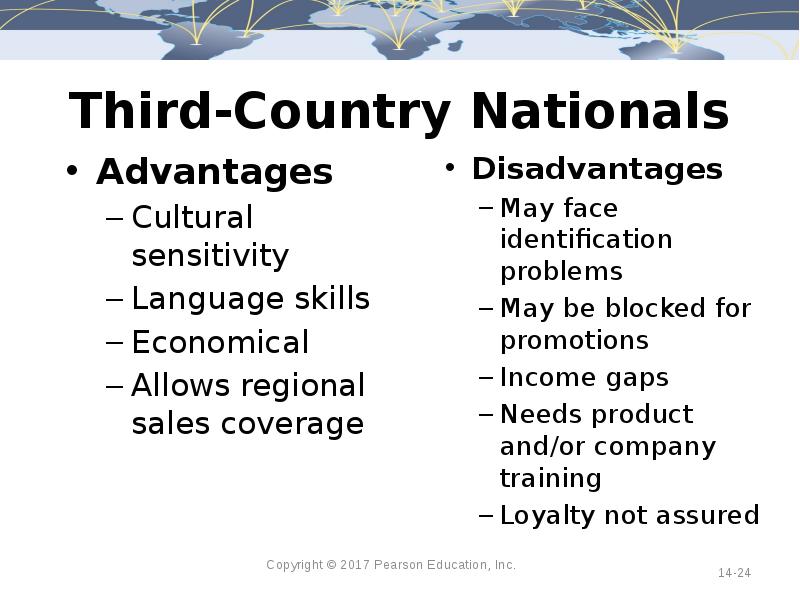 Third-Country Nationals Advantages Cultural sensitivity Language skills Economical Allows regional sales
