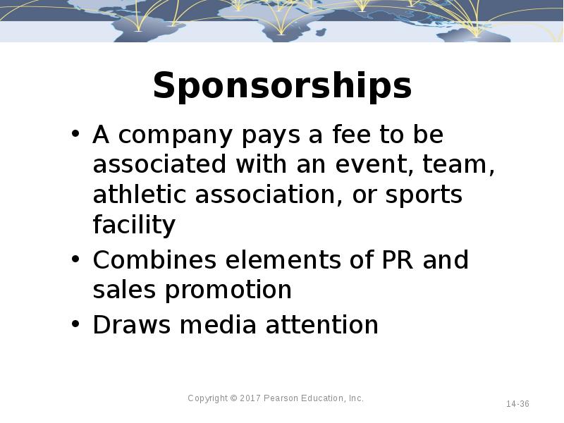 Sponsorships A company pays a fee to be associated with an