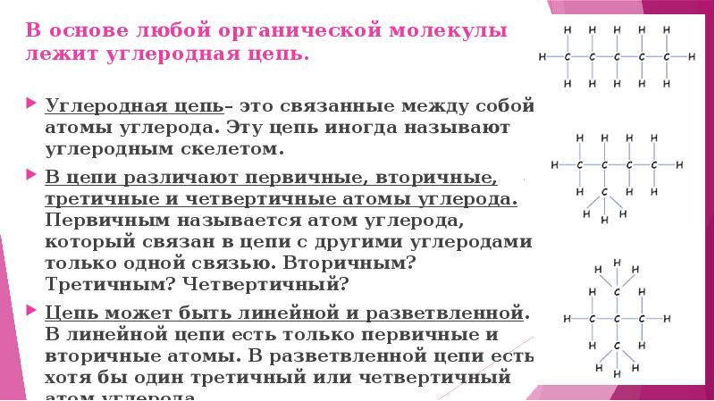 Углеродная цепь. Углеродный скелет органической молекулы. Углеродные Цепочки органическая молекула. Органическая химия типы цепей. Углеродный скелет молекул органических веществ.