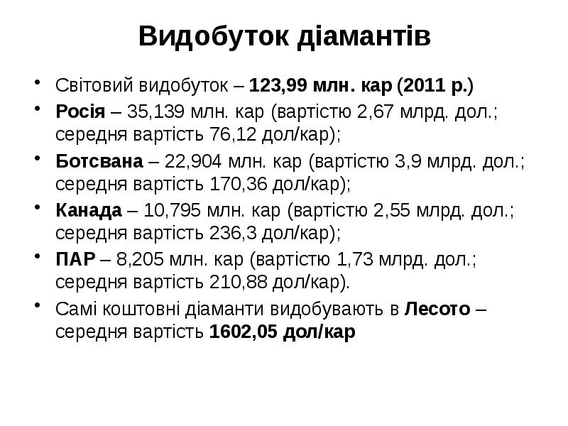Видобуток діамантів Світовий видобуток – 123,99 млн. кар (2011 р.) Росія