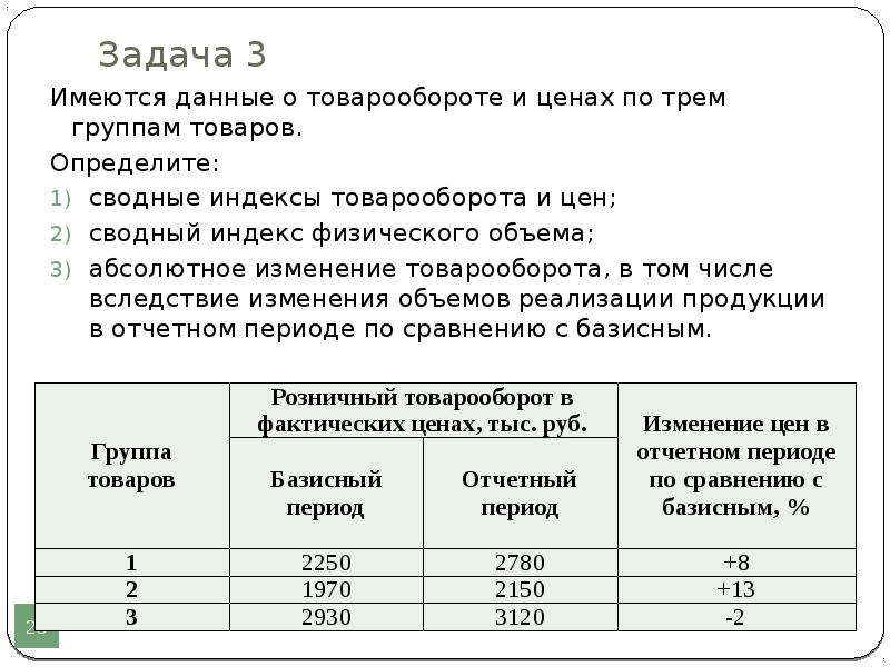 Имеются следующие данные. Задачи по товарообороту. Имеются следующие данные о товарообороте магазина. Сводный индекс товарооборота. Задача имеются данные о товарообороте и ценах по 3 группам товаров.