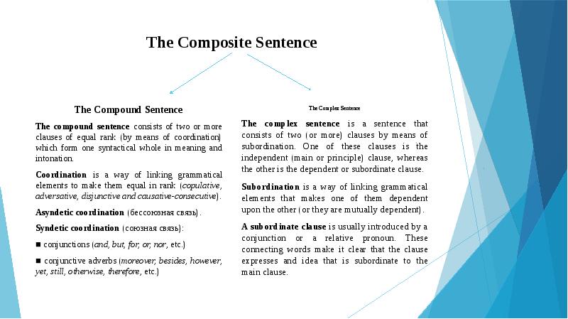 The Composite Sentence The Compound Sentence The compound sentence consists of