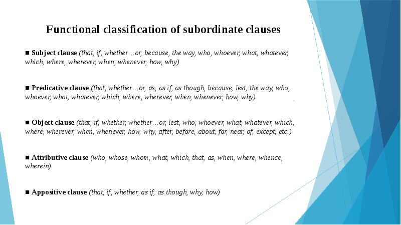 Functional classification of subordinate clauses ■ Subject clause (that, if, whether…or,