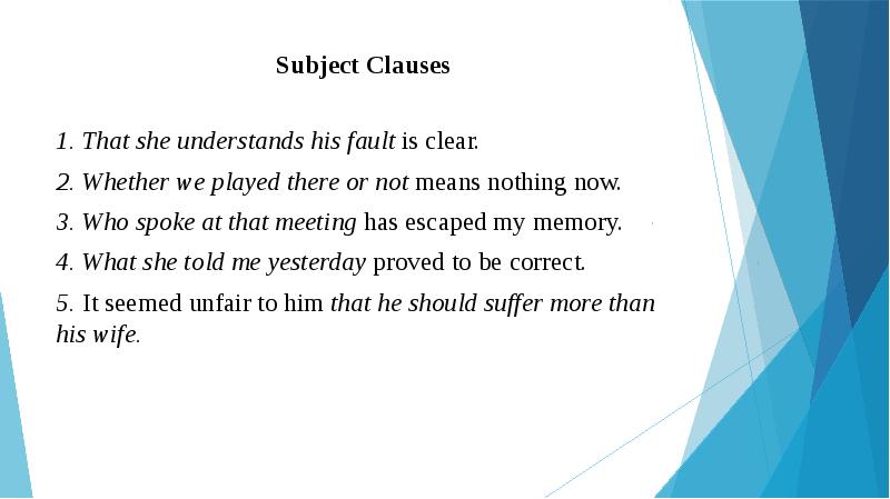 Subject Clauses 1. That she understands his fault is clear. 2.