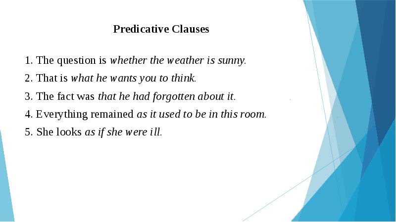 Predicative Clauses 1. The question is whether the weather is sunny.