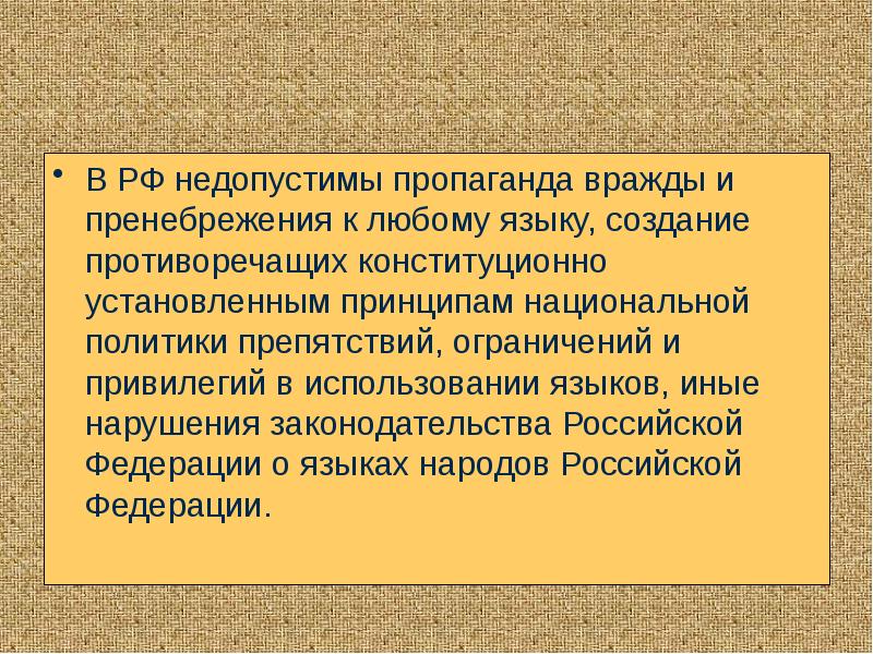 В РФ недопустимы пропаганда вражды и пренебрежения к любому языку, создание В РФ недопустимы пропаганда вражды и пренебрежения к любому языку, создание