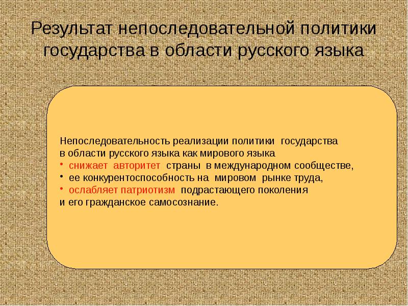 Результат непоследовательной политики государства в области русского языка Результат непоследовательной политики государства в области русского языка