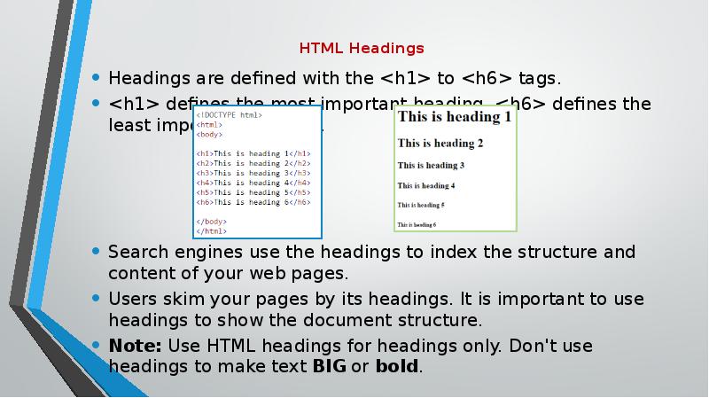 HTML Headings
Headings are defined with the <h1> to <h6> HTML Headings
Headings are defined with the <h1> to <h6>