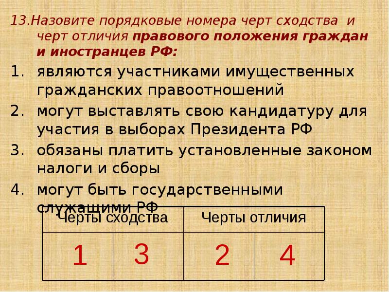 13.Назовите порядковые номера черт сходства и черт отличия правового положения граждан
